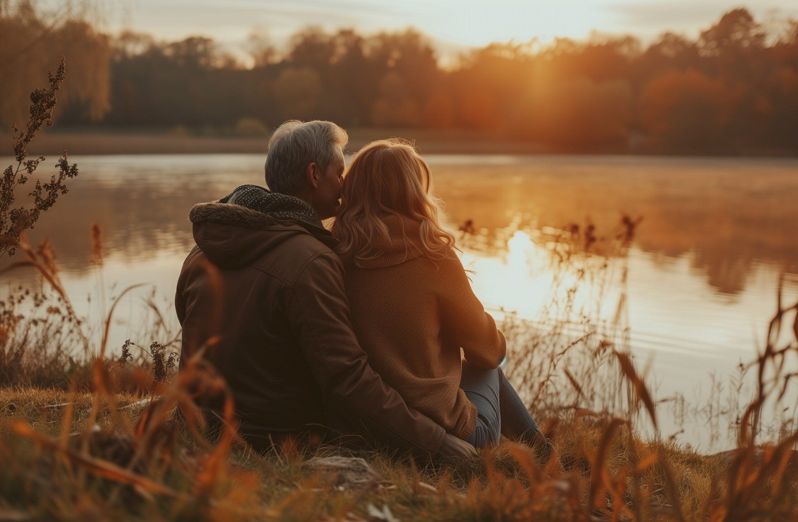 An elderly couple together in a romantic setting at sunset